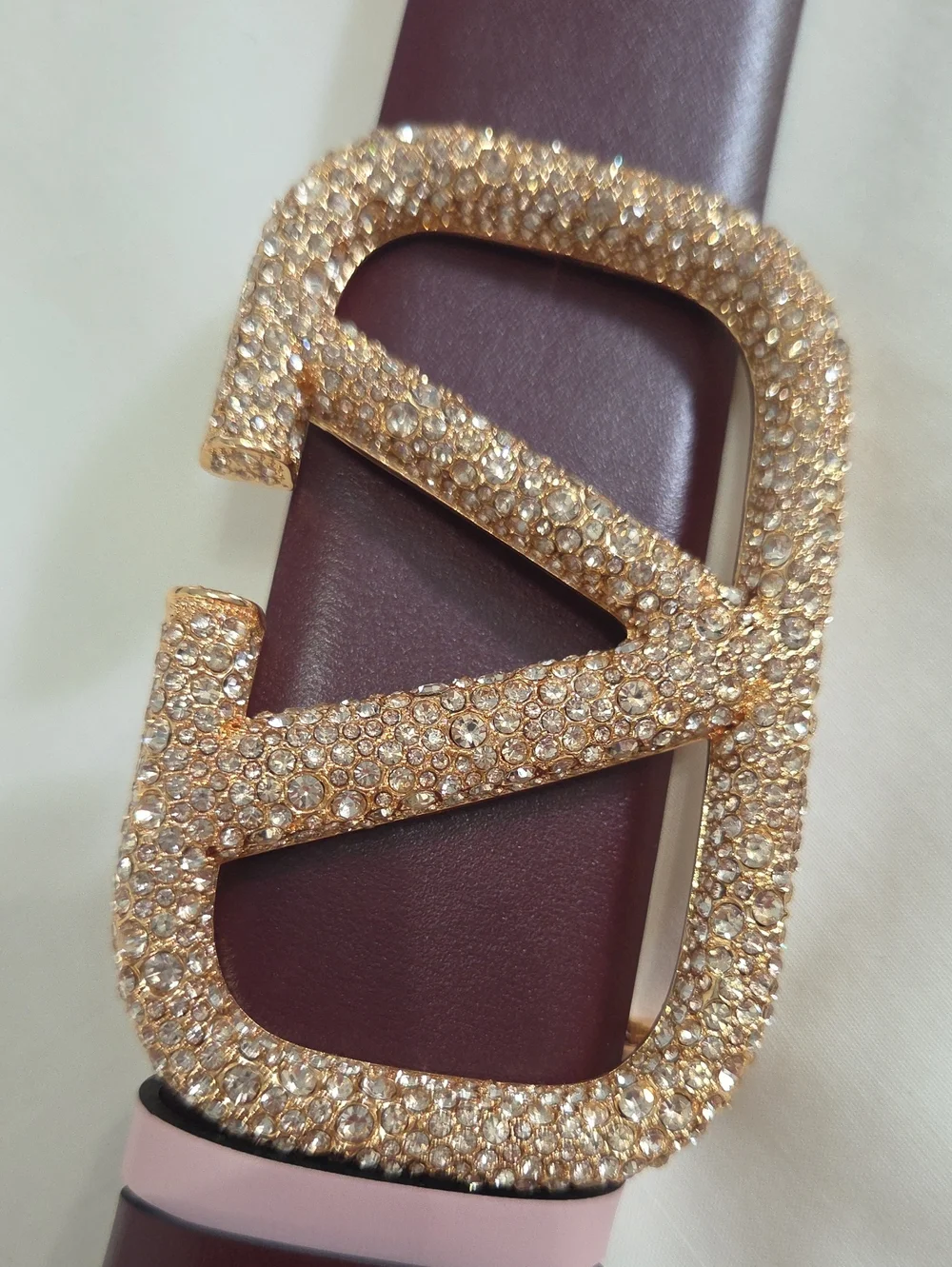 Valentino Garavani Pink Maroon Belt with Gold Sparkle Buckle